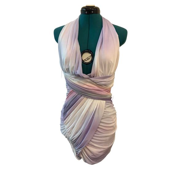 ZARA NWT Draped Printed Tulle Halter Deep V-neckline Ruched Mini DRESS M Purple - Picture 1 of 8